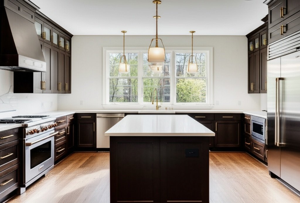 Luxurious modern kitchen remodel in Cypress with white quartz countertops and gold hardware